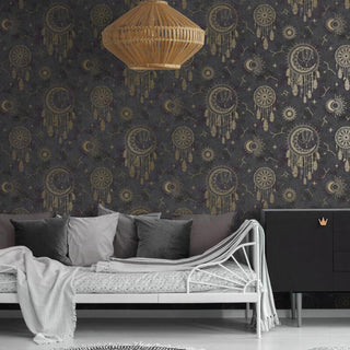 Holden Decor Dreamcatcher Black/Gold Wallpaper 13330 – Decorative Dreamcatcher Design – 10m Roll
