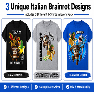 Gamer Brainrot Pack of 3 T-Shirts | Kids Brainrot Tee Shirt Set | Cappuccino Assassino, Chimpanzini Bananini & Brainrot Squad | 100% Cotton | Boys 5-12 Years