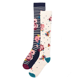 Ex Store Ladies 4 Pack Welly Socks - Floral, Bird Stripe Designs - Size 4-7