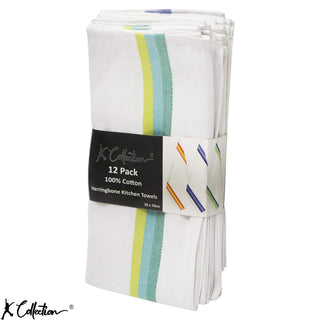 K Collection 12 Pack Kitchen Towels Set - 100% Pure Cotton Classic Herringbone Weave - Stripe Design