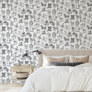Muriva Pooches Black and White Wallpaper 102577 – Dog Print Decorative Wallcovering