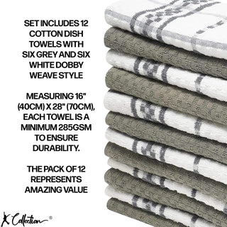 K Collection Grey 12 Pack Check Kitchen Towels Set - 100% Ring Spun Cotton - Terry Check Design