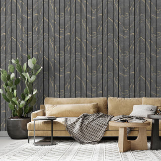 Muriva Woodgrain Panel Charcoal & Gold Wallpaper 193503 – Modern Panel Design – 10m Roll