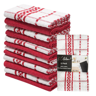 K Collection Red 12 Pack Check Kitchen Towels Set - 100% Ring Spun Cotton - Terry Check Design