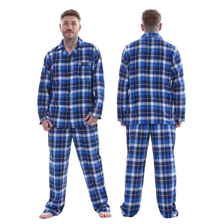 Keanu Mens Brushed Pyjamas Set - Blue/Grey Check Design - 100% Cotton