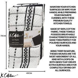 K Collection Black 12 Pack Check Kitchen Towels Set - 100% Ring Spun Cotton - Terry Check Design