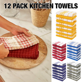 K Collection 12 Pack Check Kitchen Towels Set - 100% Ring Spun Cotton - Terry Check Design