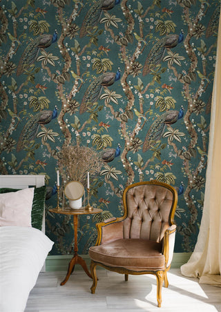 Holden Decor Peacock Woods Aqua Wallpaper 13682 – Elegant Botanical Design – 10m Roll