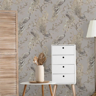 Holden Decor Menali Peacock Grey Wallpaper 35920 – Elegant Peacock Design – 10m Roll