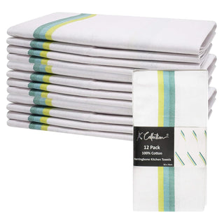 K Collection Green 12 Pack Kitchen Towels Set - 100% Pure Cotton Classic Herringbone Weave