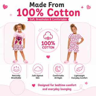 Disney Toy Story Girls Pyjamas 2 Pack | Lotso "Beary Good Vibes" Short & Squad All-Over Print Short Pyjama Sets | 100% Cotton PJs | Kids Nightwear Ages 18 Months to 12 Years