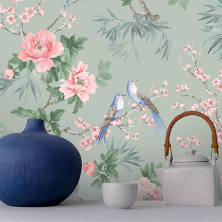 Rasch Chinoiserie Water Colour Blue, Orange/Blue & Sage Green Floral Birds Flowers Wallpaper - 10m x 53cm Wide