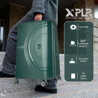 XPLR Lightweight Polypropylene Green Hard Shell Luggage – 8 Silent 360° Spinner Wheels with Built-in TSA Lock – 20”, 24”, 28” and XL 32” Size – 3 Pc and 4 Pc Sets