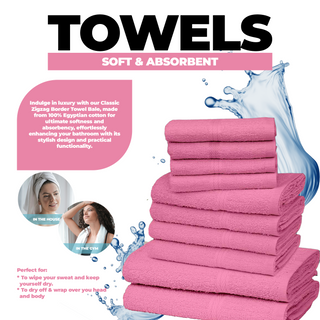 K Collection 10 Piece Egyptian Cotton Towel Set - 100% Cotton -  4 x Face, 4 x Face & 2 x Bath - Pink Design