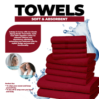 K Collection 10 Piece Egyptian Cotton Towel Set - 100% Cotton -  4 x Face, 4 x Face & 2 x Bath - Red Design
